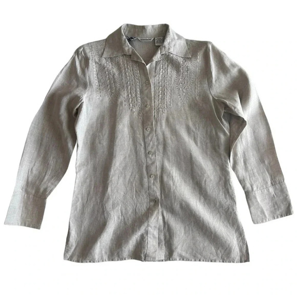 Vintage Richard Malcolm Embroidered Tan Beige Irish Linen Button Down Resortwear - Picture 1 of 8